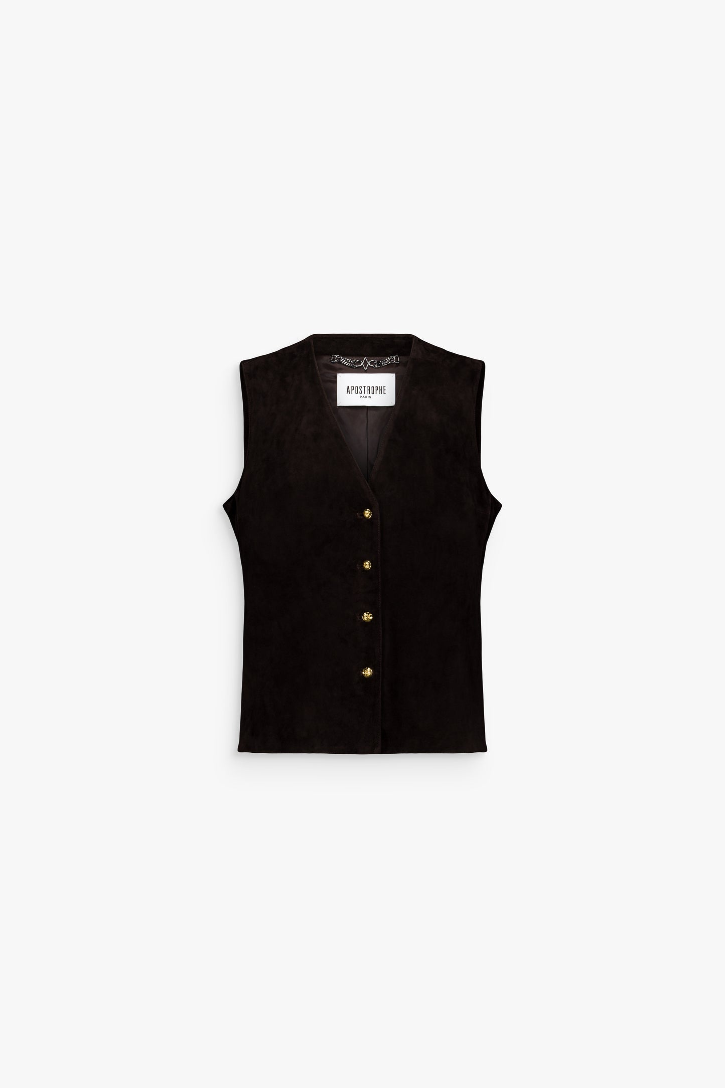 Gilet court ébène en daim, coupe ajustée et boutons dorés.
