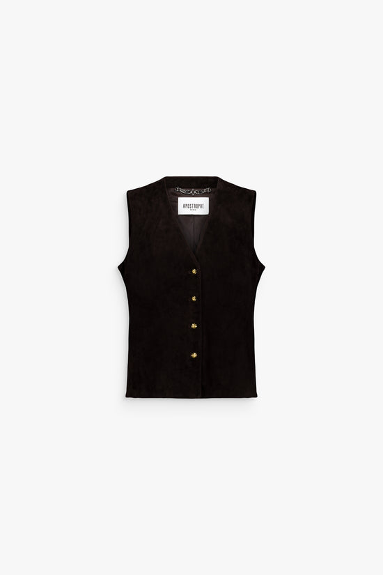 Gilet court ébène en daim, coupe ajustée et boutons dorés.
