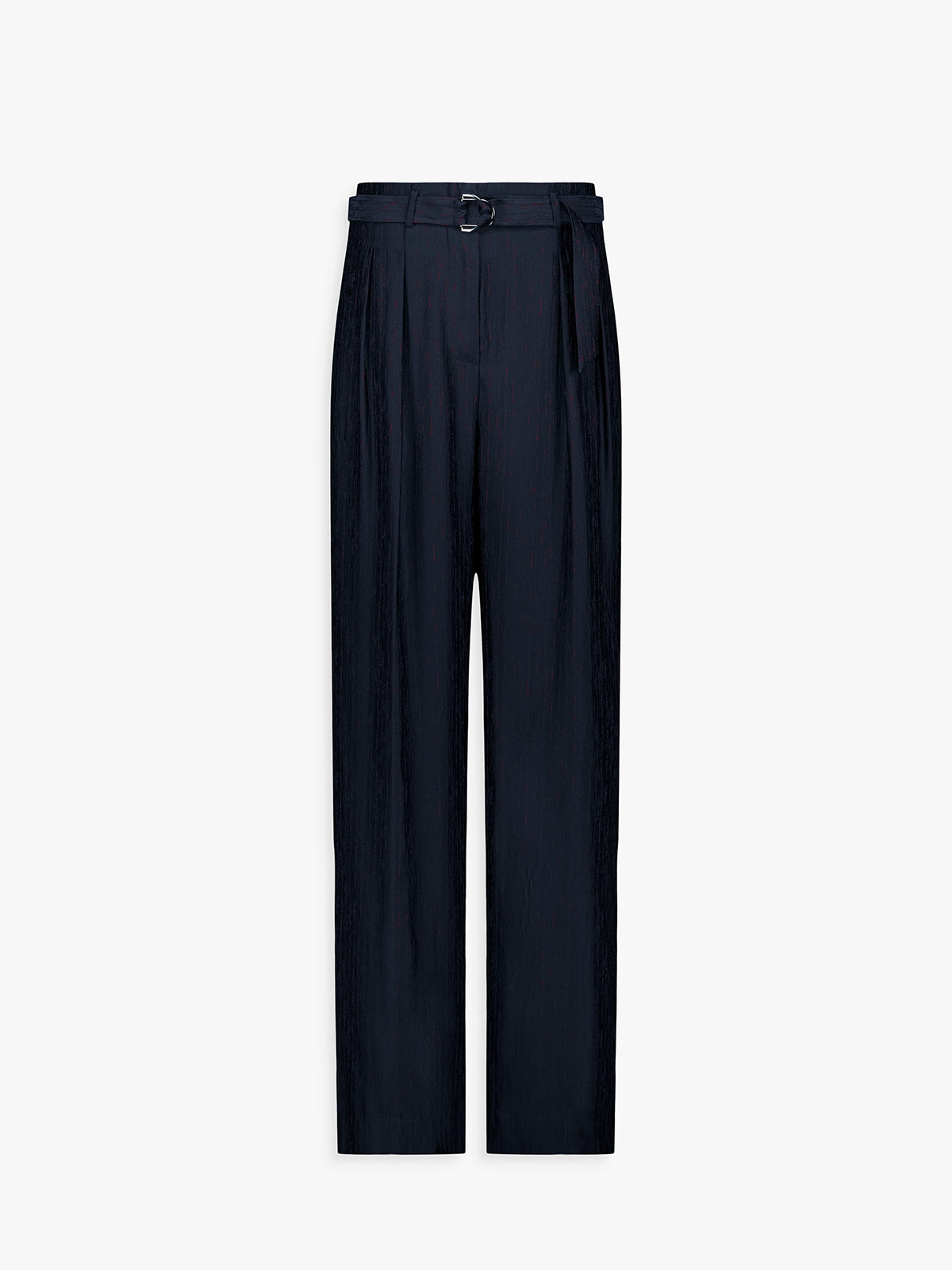 Pantalon droit marine à taille ceinturée et plis raffinés.