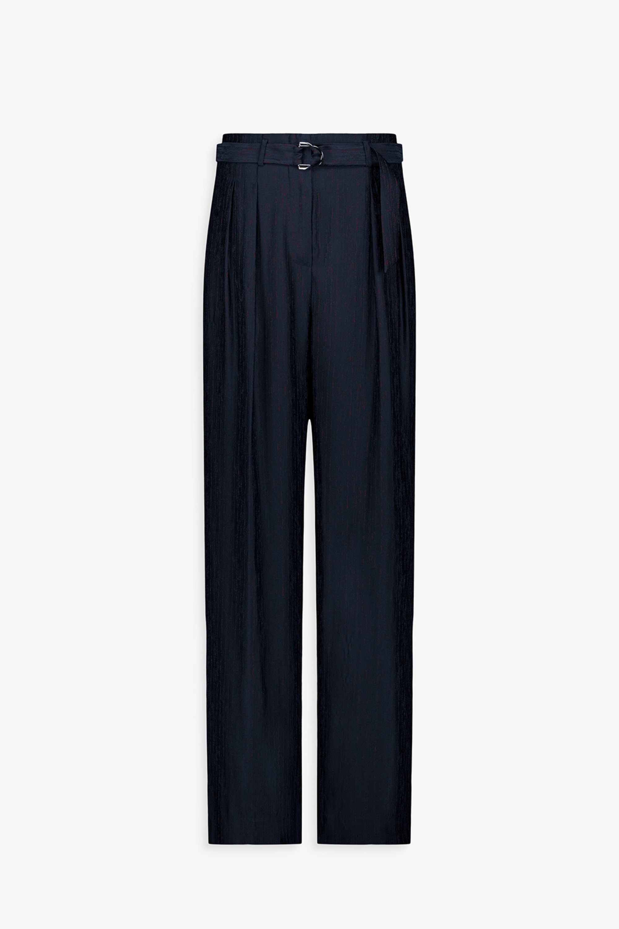 Pantalon droit marine à taille ceinturée et plis raffinés.