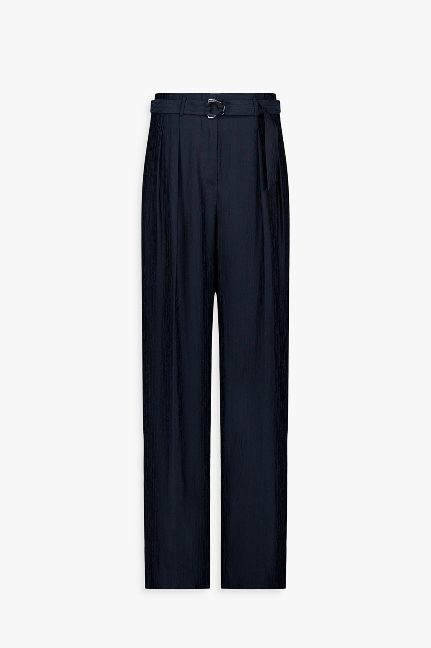 Pantalon droit marine à taille ceinturée et plis raffinés.