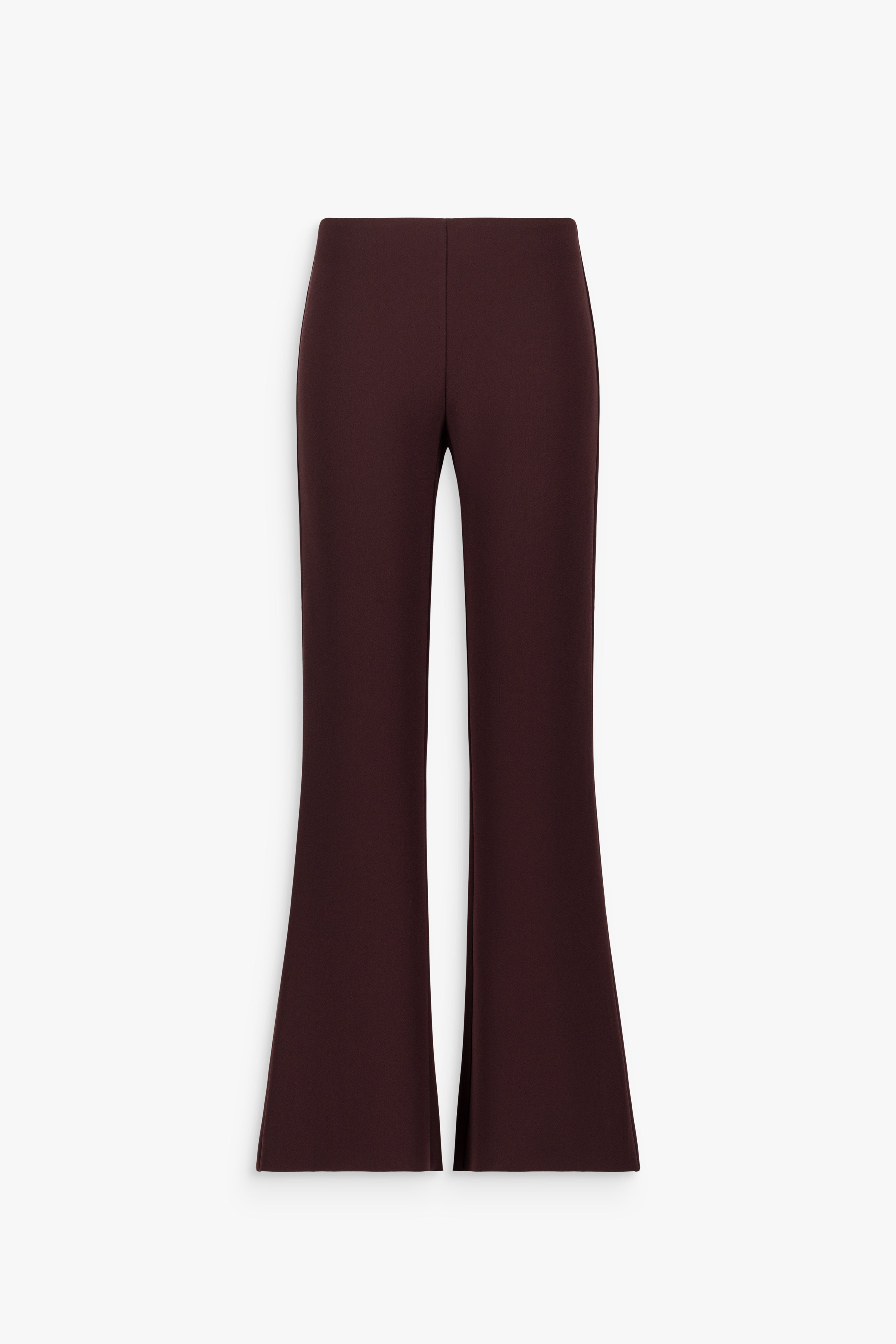 Pantalon évasé fluide grenat à taille haute et jambes longues.