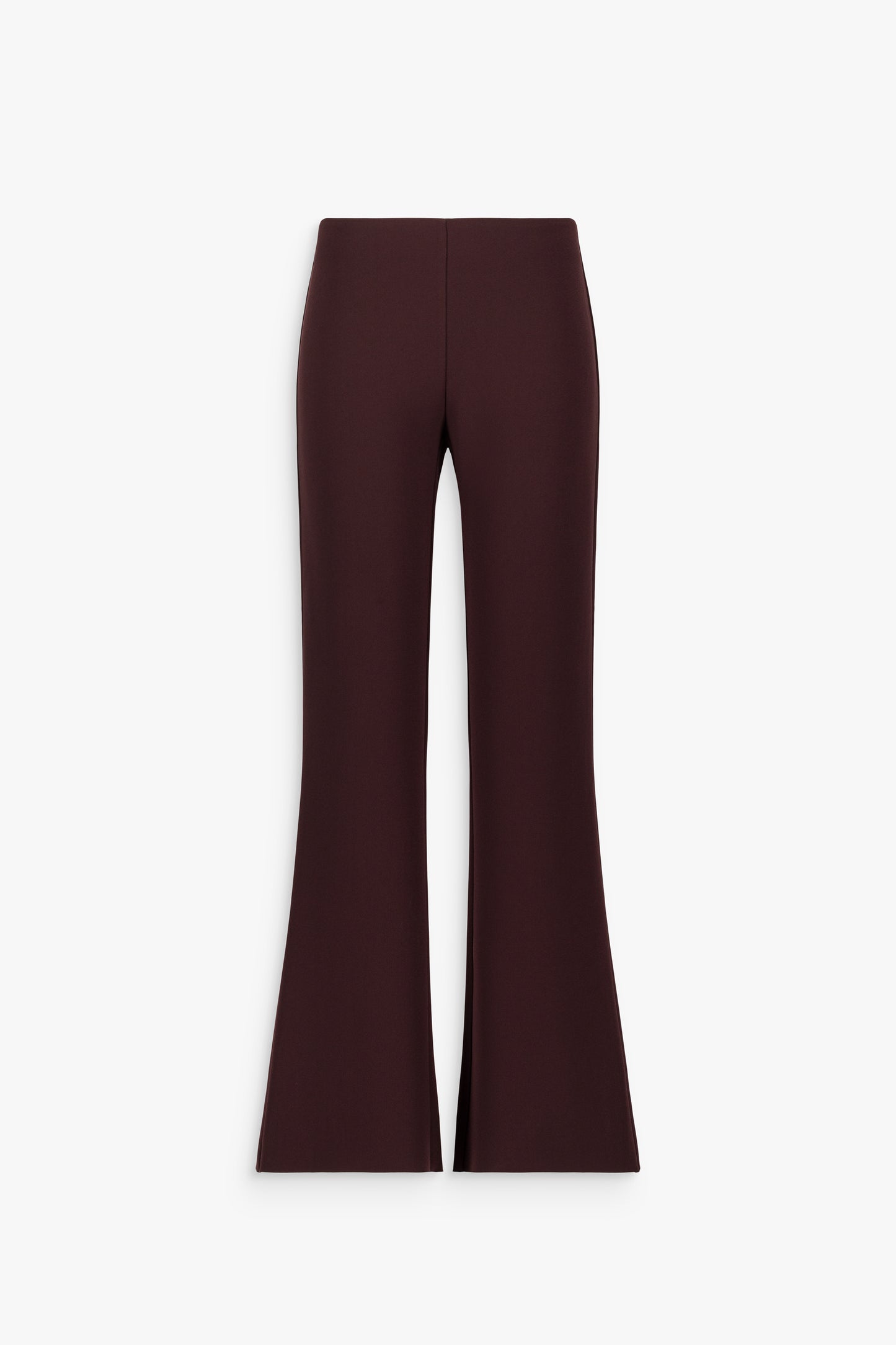 Pantalon évasé fluide grenat à taille haute et jambes longues.