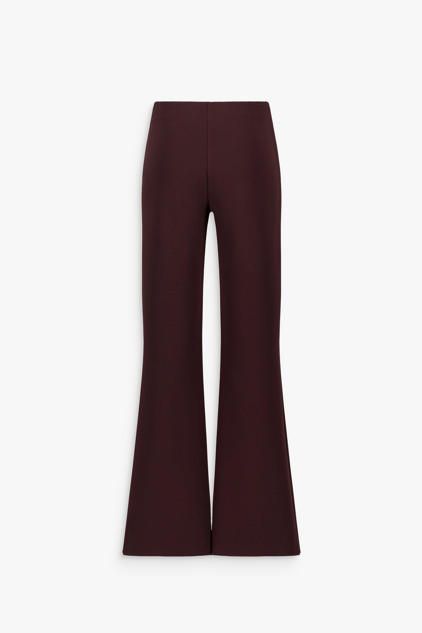 Pantalon évasé fluide grenat à taille haute et jambes longues.