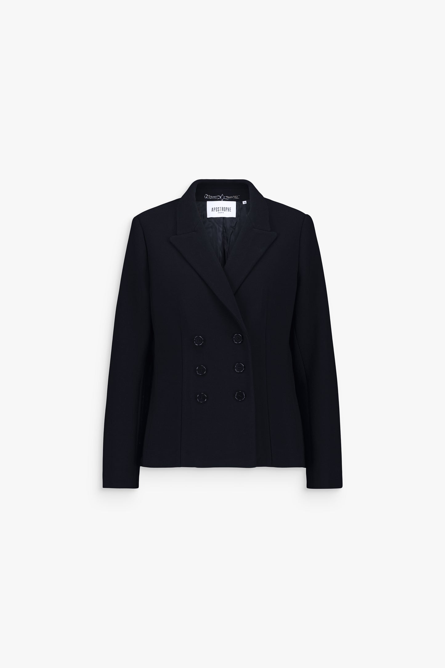 Veste tailleur bleu marine, 6 boutons, coupe ajustée et tombé structuré.