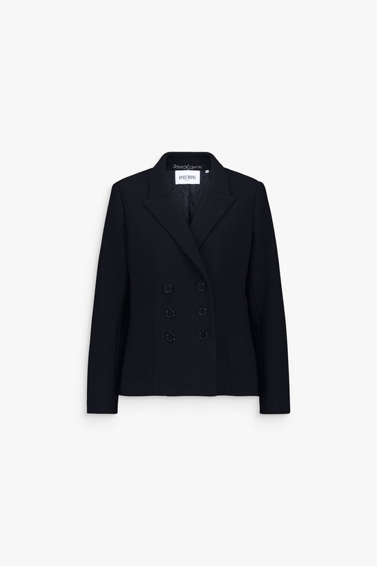Veste tailleur bleu marine, 6 boutons, coupe ajustée et tombé structuré.