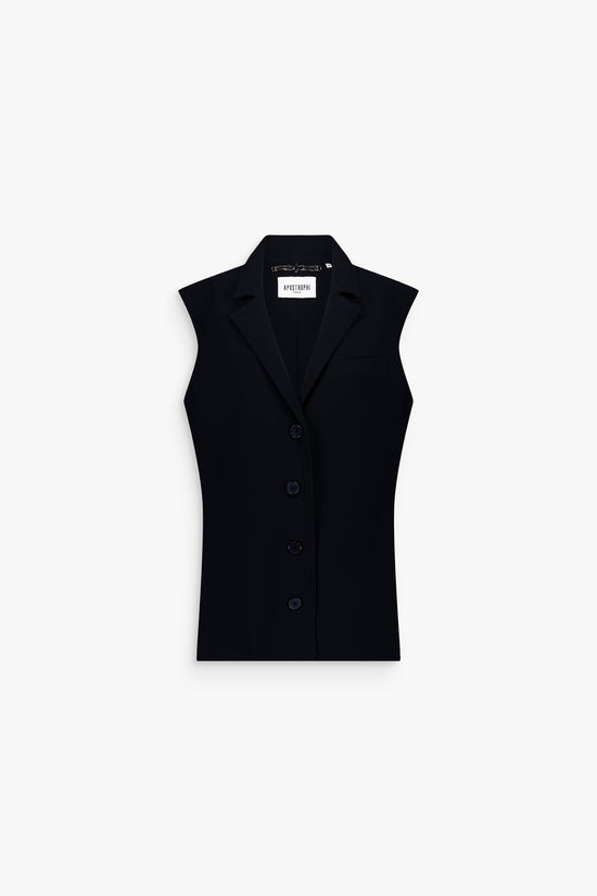 Gilet marine à revers en pointe, coupe droite et finitions soignées.