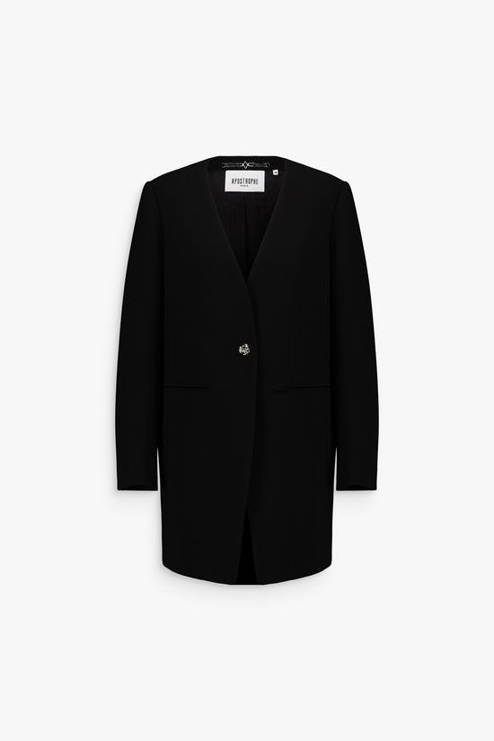 Veste longue noire, coupe droite et boutons bijoux pour une élégance raffinée.