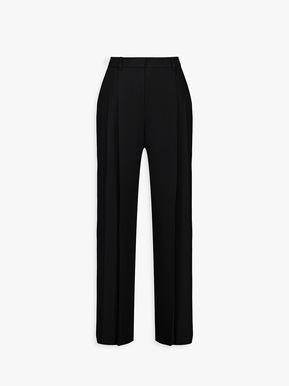 Pantalon noir ample, coupe longue et ligne fluide.