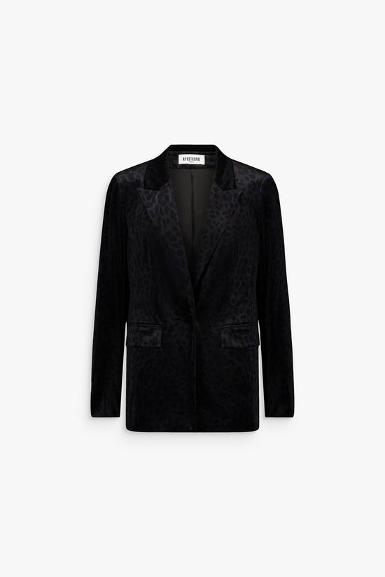 Blazer noir en velours avec motif léopard délicat, coupe droite et détails raffinés