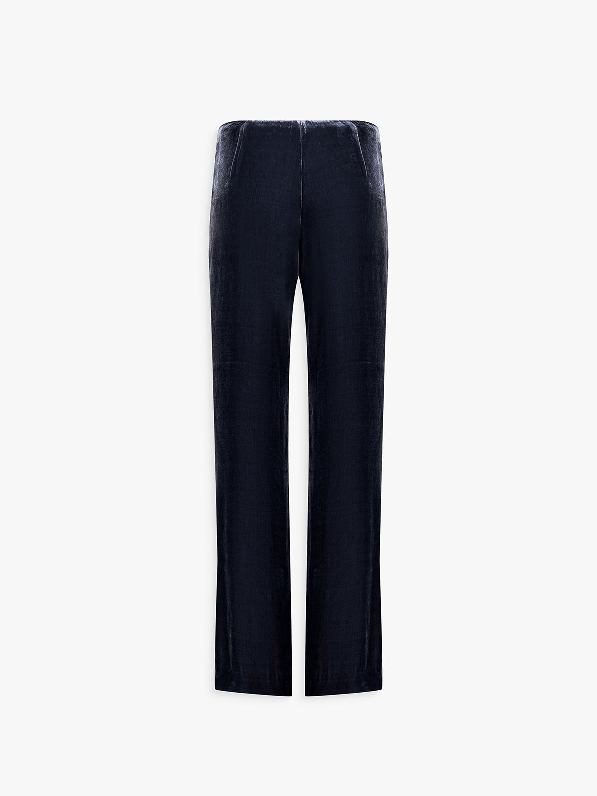 Dos du pantalon velours marine, coupe longue et tombé élégant.