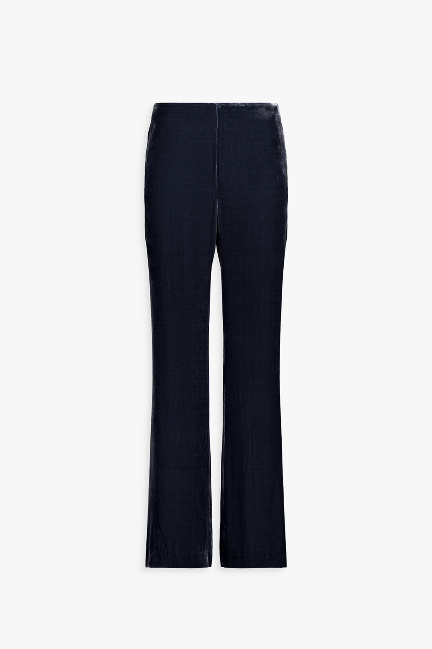 Dos du pantalon velours marine, coupe longue et tombé élégant.