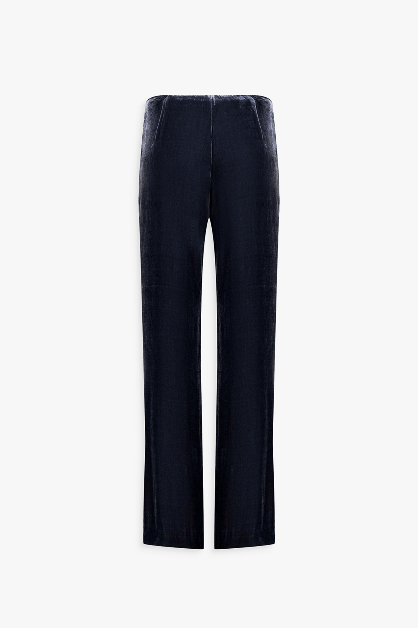 Pantalon évasé en velours marine, plis marqués et ligne fluide.