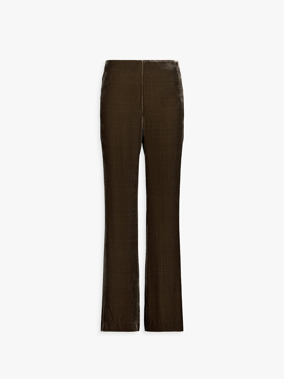 Pantalon évasé en velours taupe moyen, plis marqués et ligne fluide.