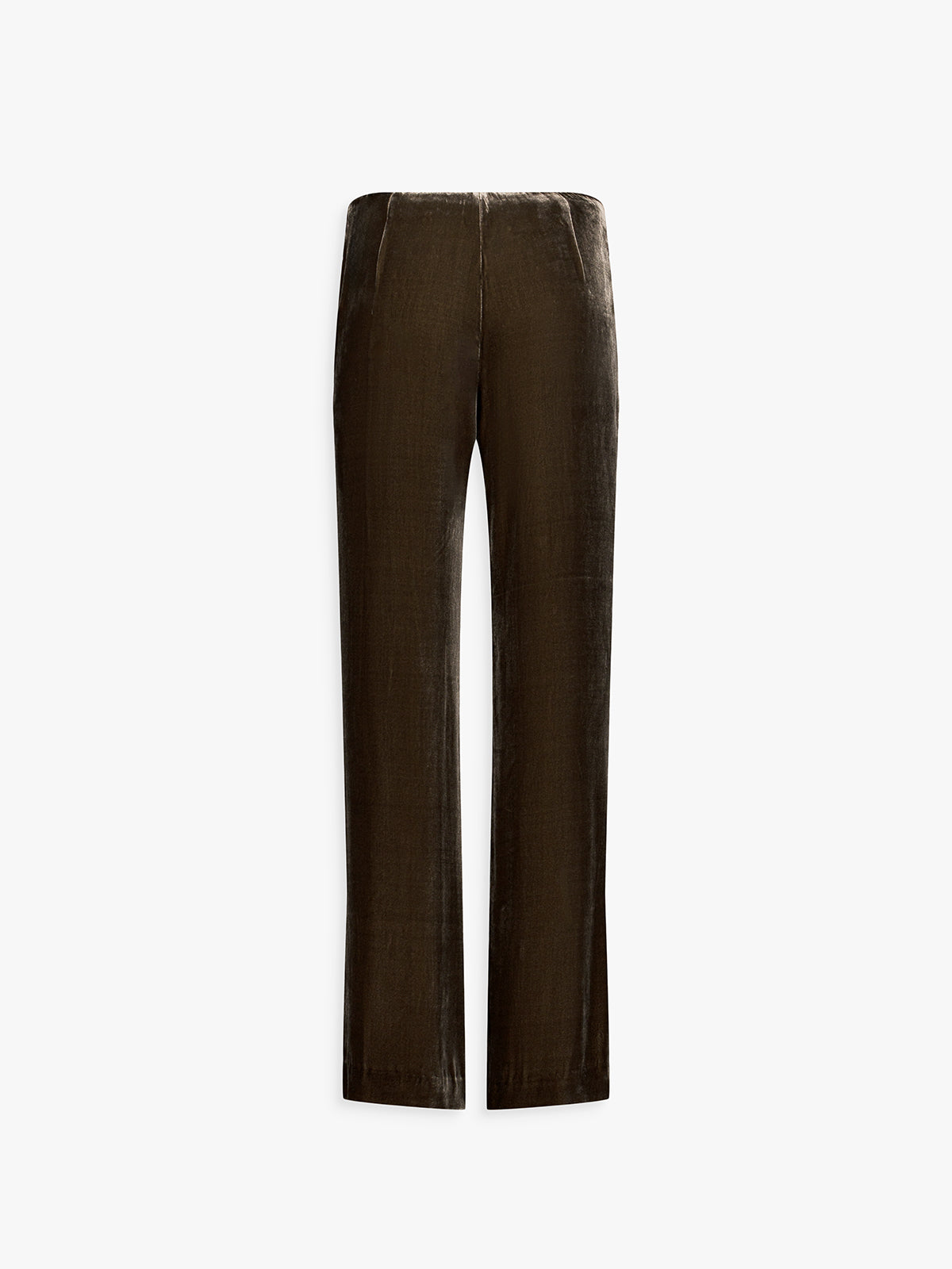 Dos du pantalon velours taupe moyen, coupe longue et tombé élégant.