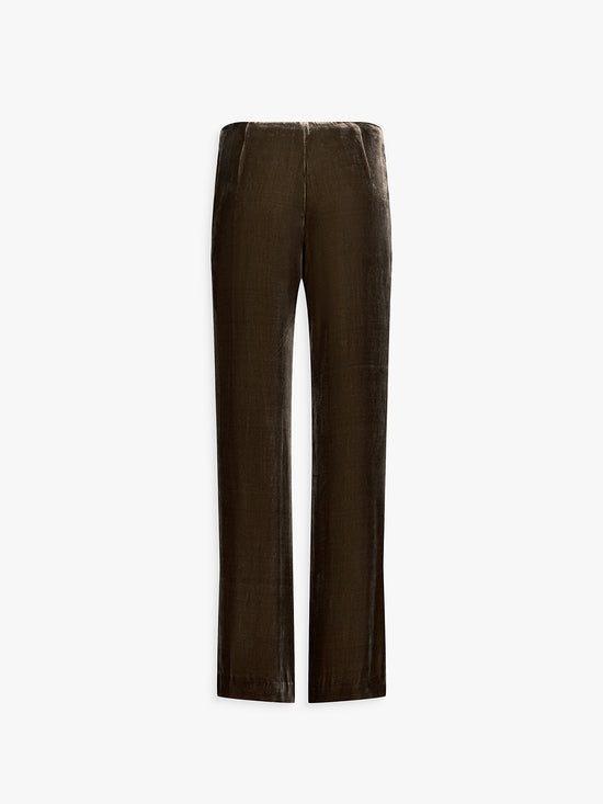 Dos du pantalon velours taupe moyen, coupe longue et tombé élégant.