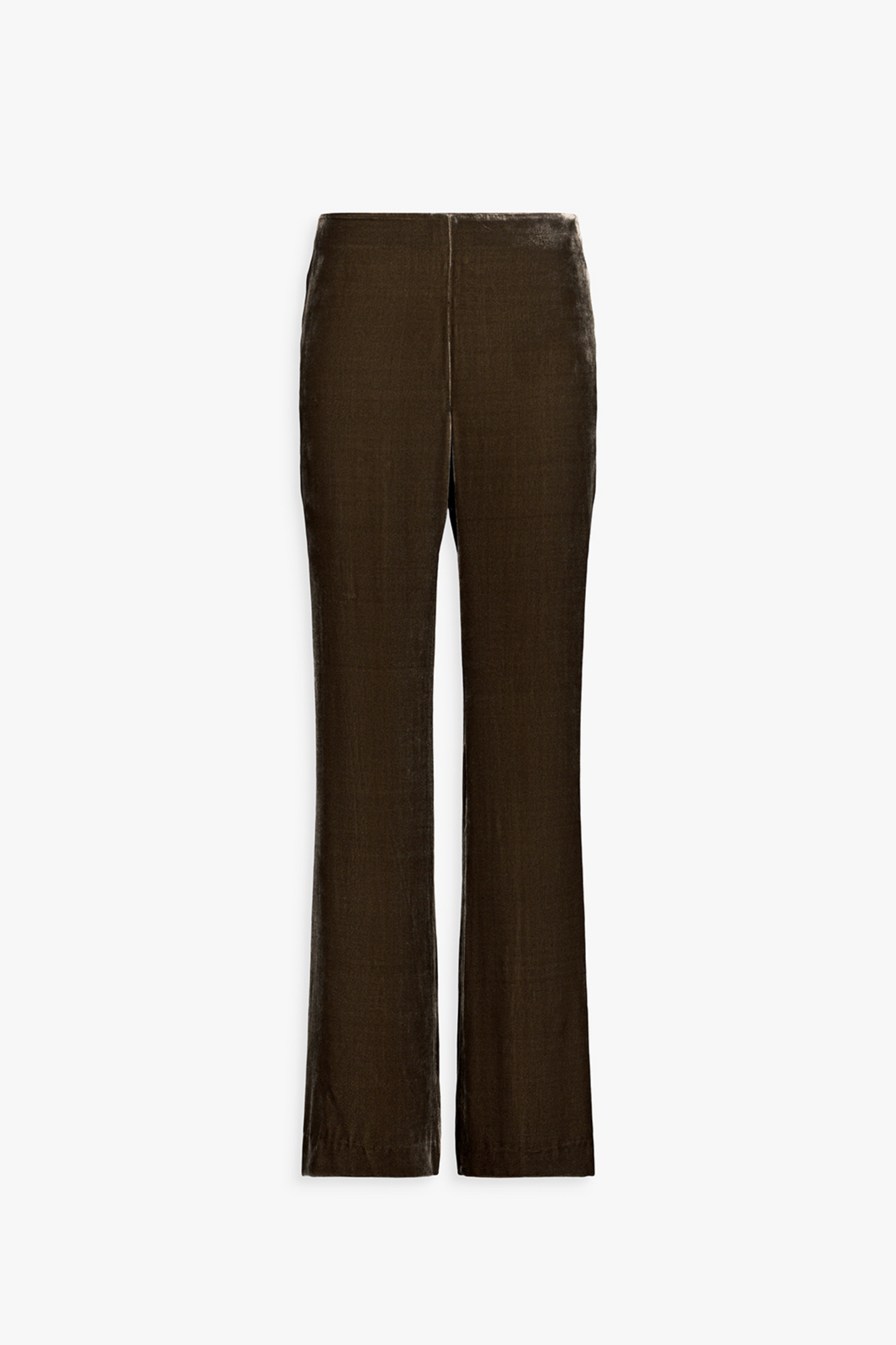 Pantalon évasé en velours taupe moyen, plis marqués et ligne fluide.