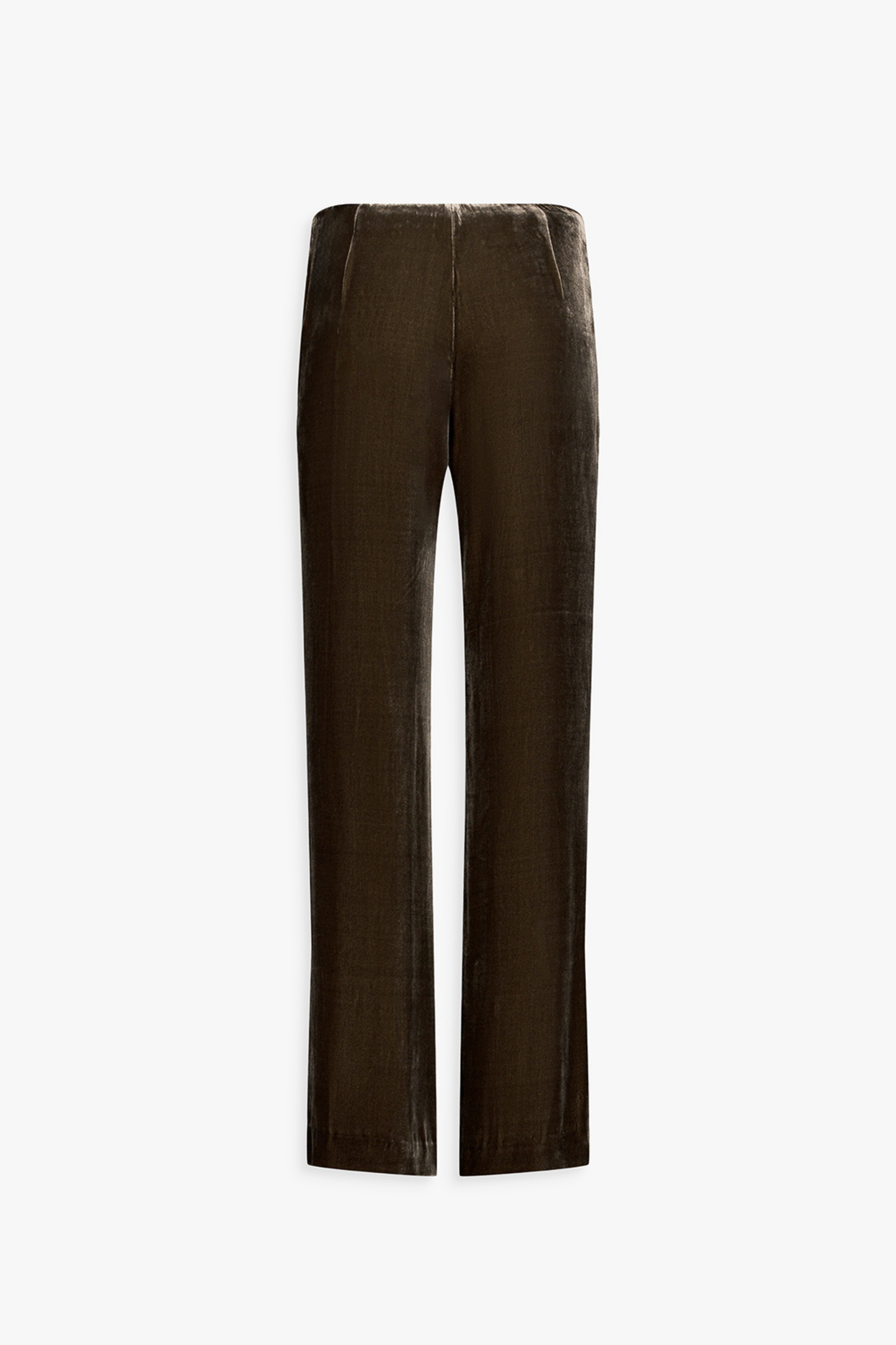 Pantalon évasé en velours taupe moyen, plis marqués et ligne fluide.