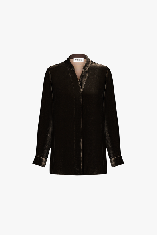 Tunique ample en velours taupe, col mao et patte cachée.