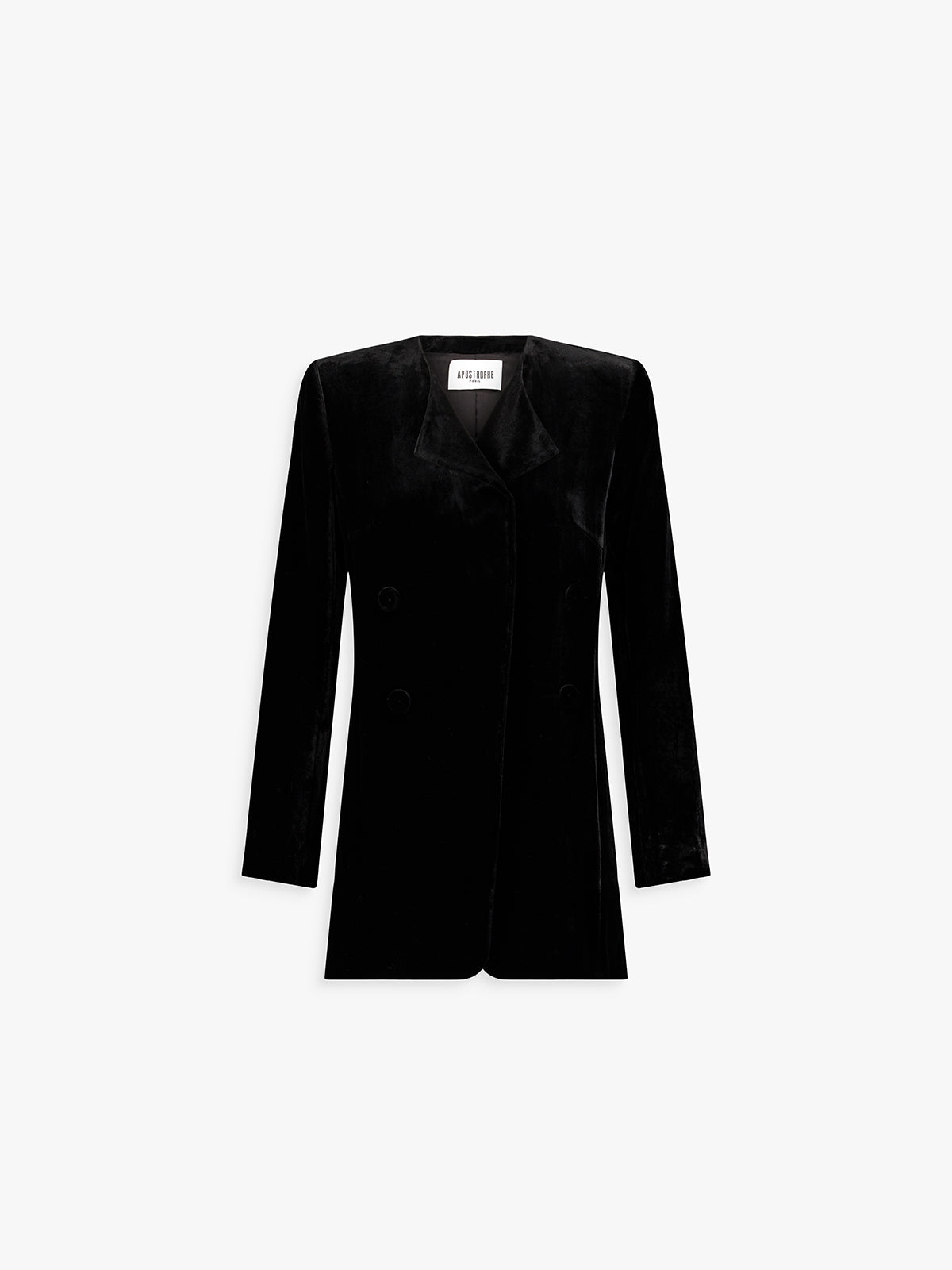 Veste longue en velours noir, col ample et coupe droite.