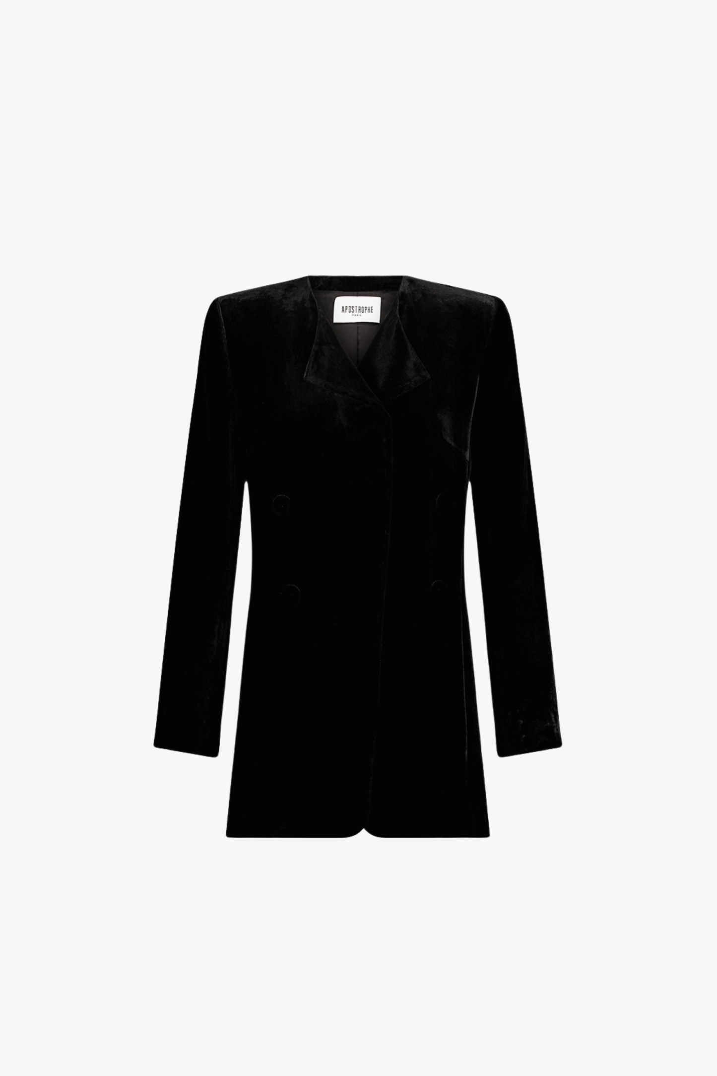 Dos de la veste noire en velours, tombé fluide et élégant.