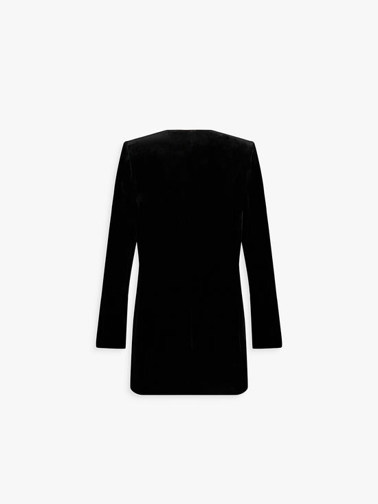 Dos de la veste noire en velours, tombé fluide et élégant.