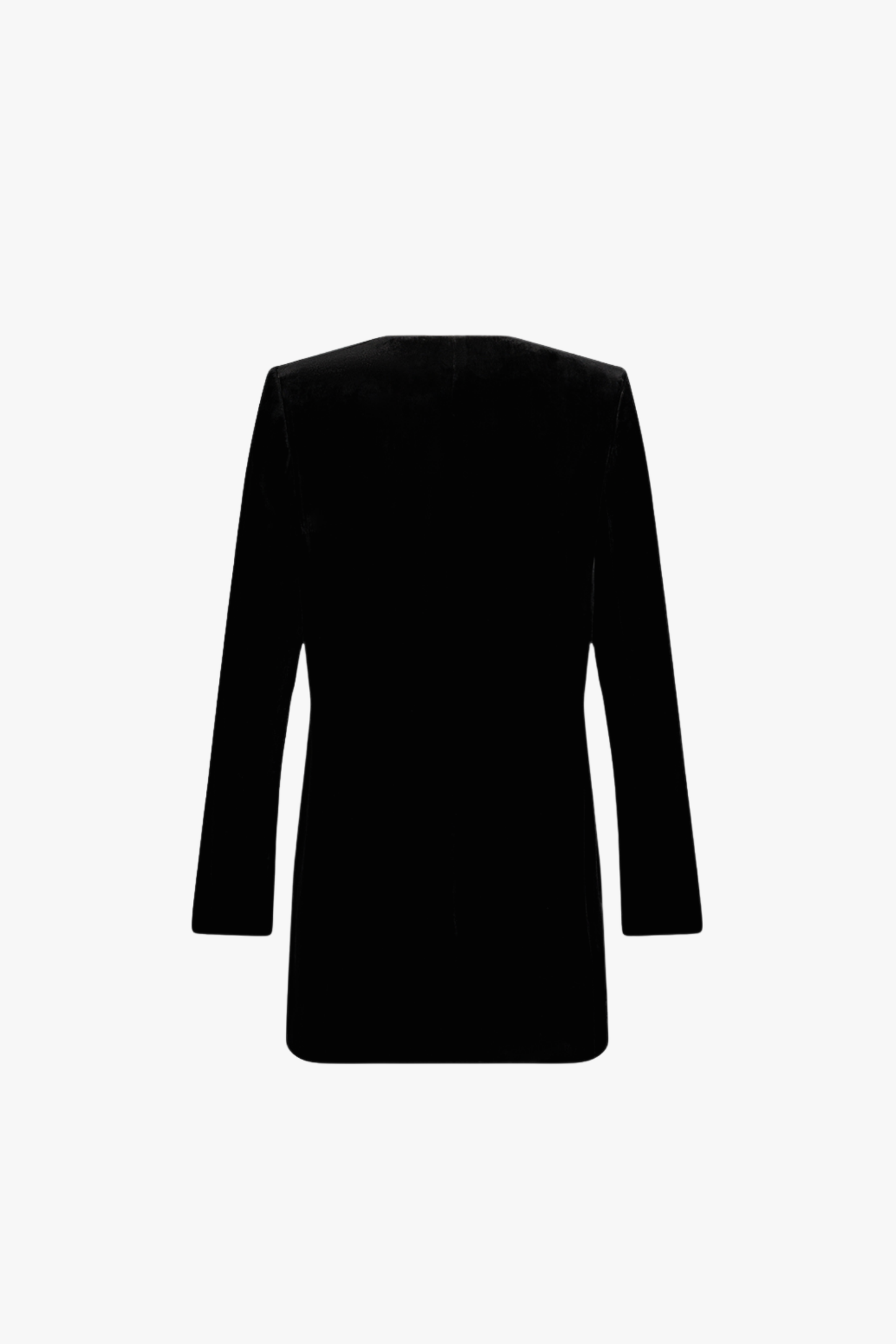Veste longue en velours noir, col ample et coupe droite.