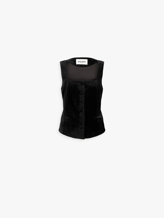 Gilet droit en velours noir, boutons apparents et plis marqués.