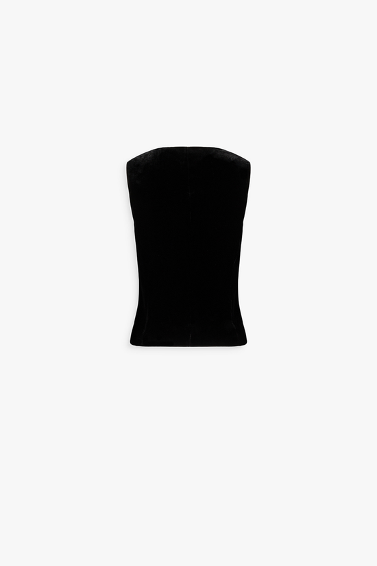 Dos du gilet noir en velours, ligne droite et finitions soignées.