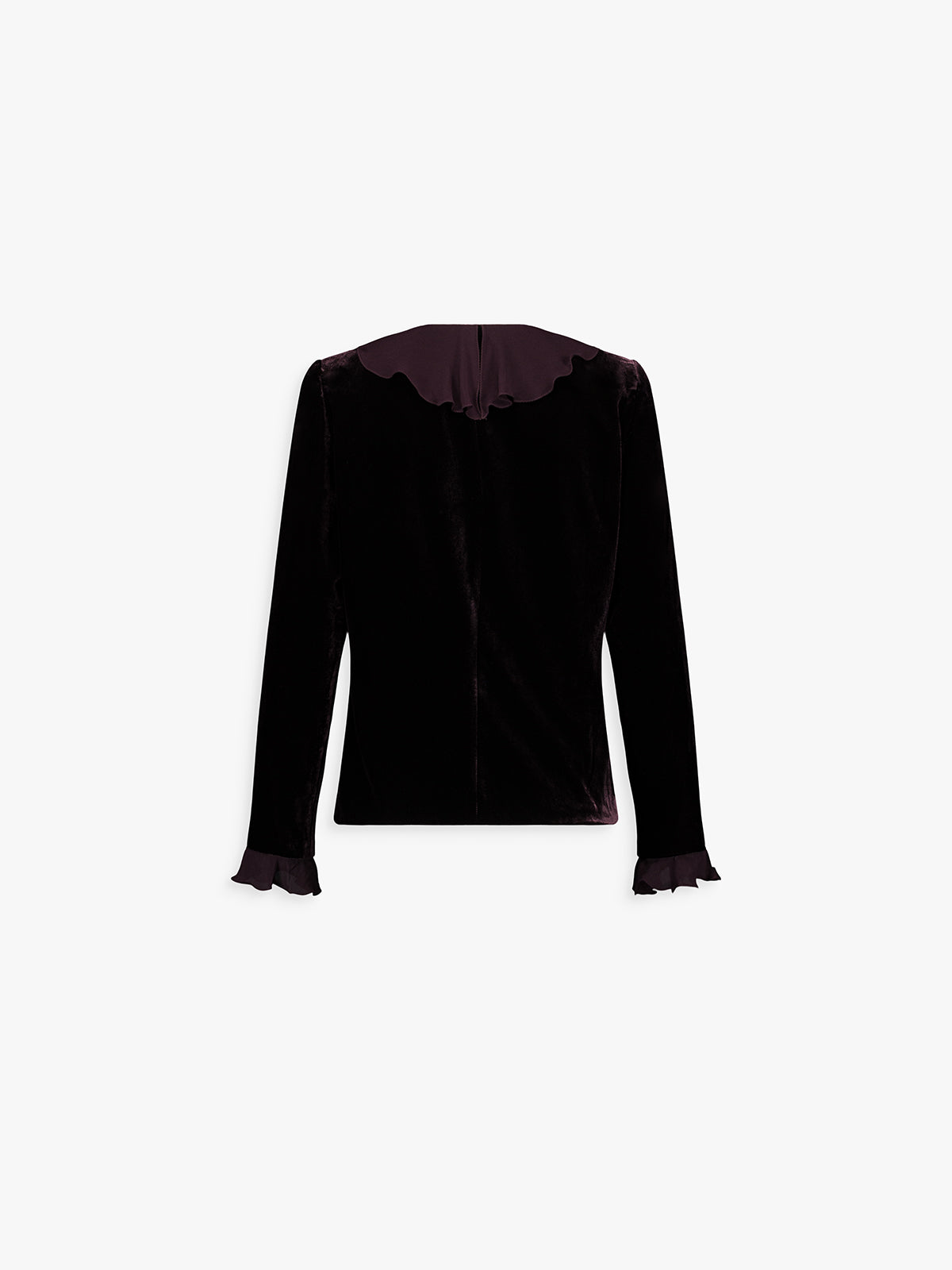 Dos de la veste grenat, tombé fluide et lignes épurées.
