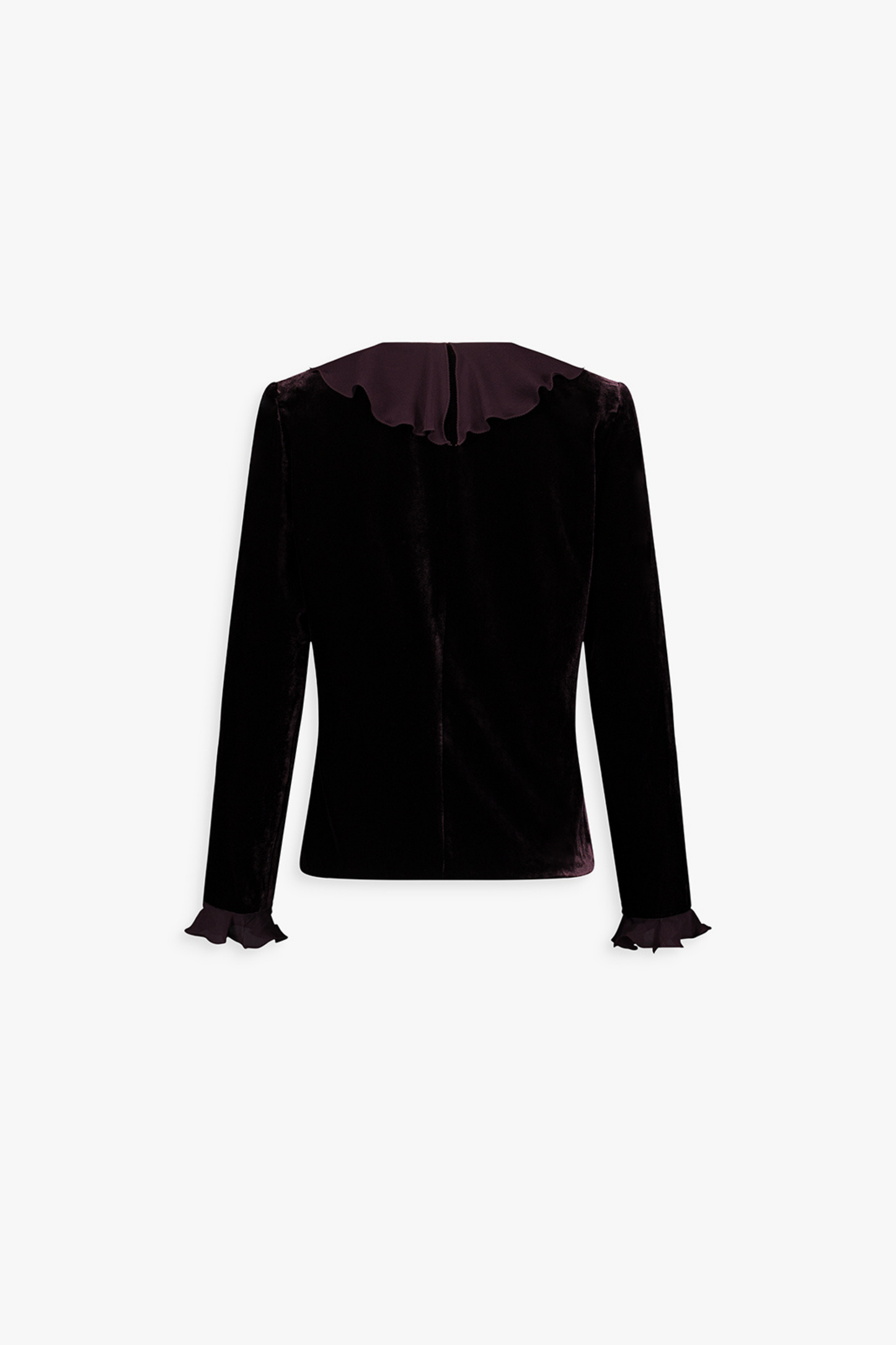 Dos de la veste grenat, tombé fluide et lignes épurées.