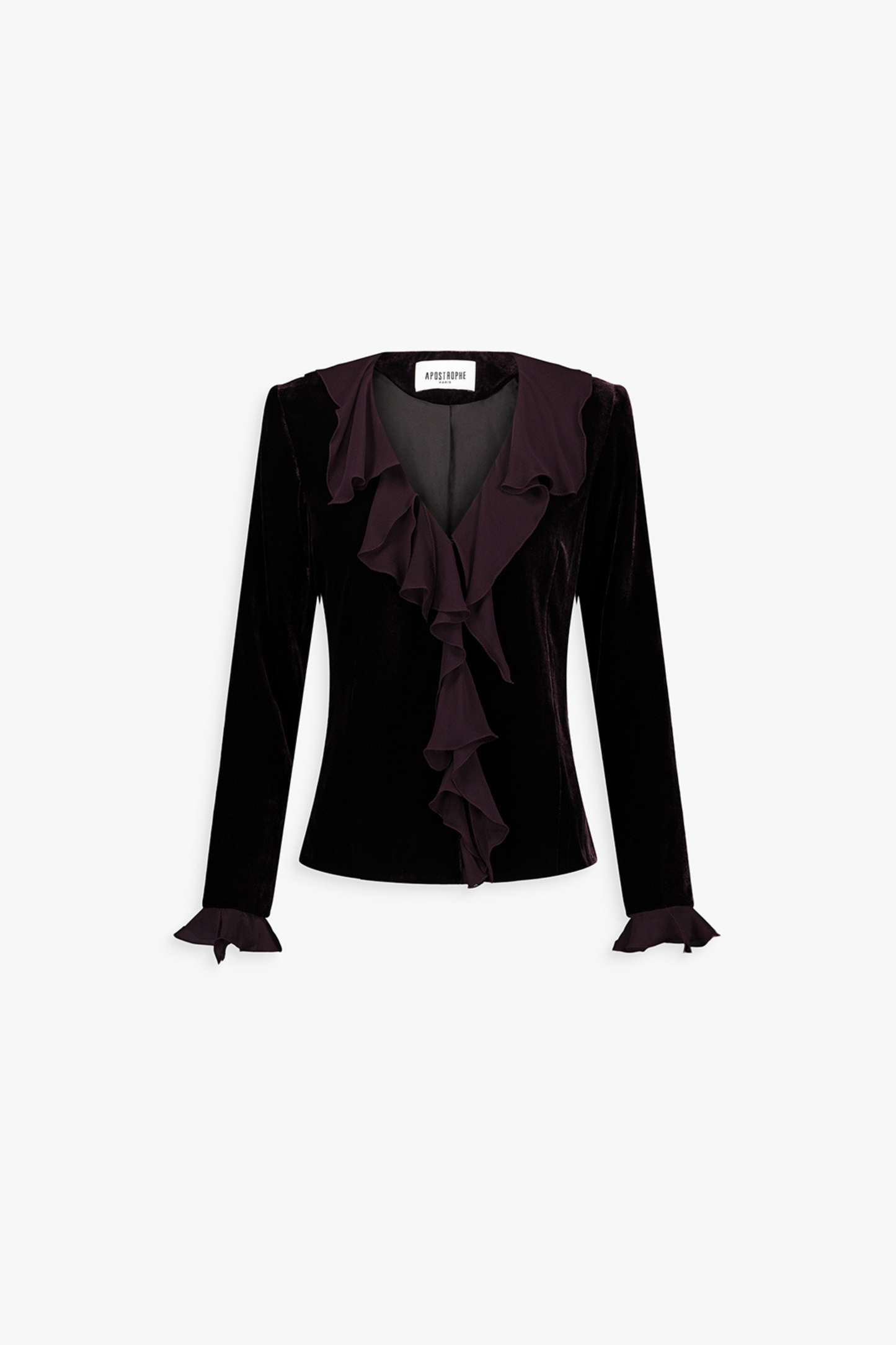 Veste droite grenat avec volants au col et aux poignets.