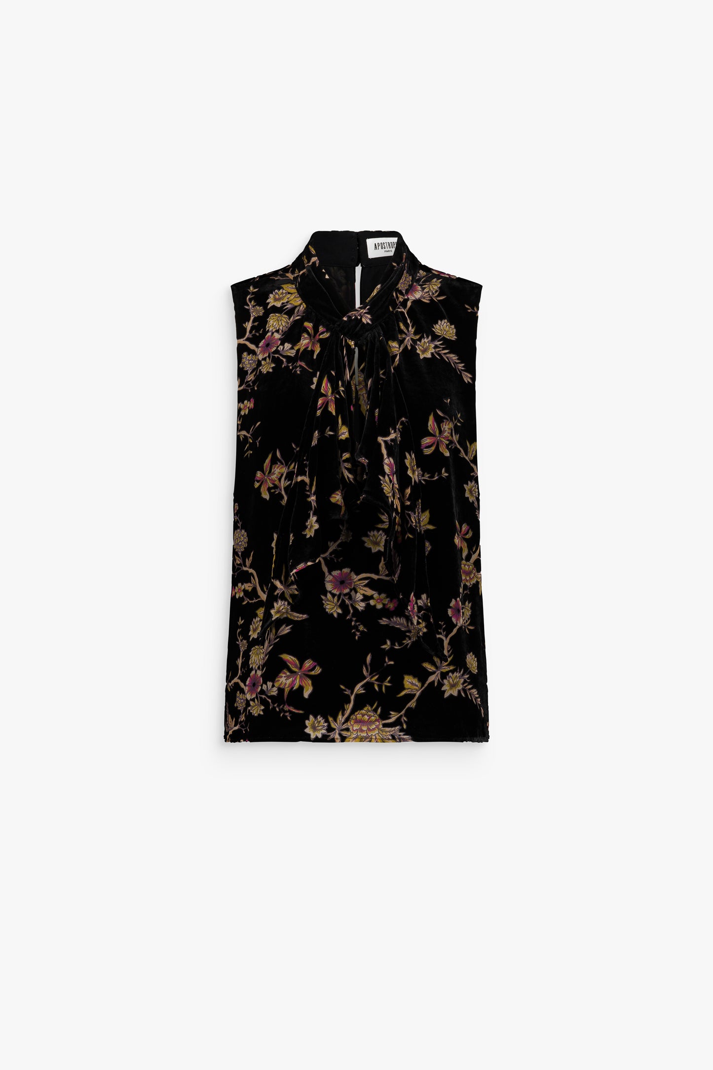 Blouse sans manches en velours de soie à motif floral avec col lavallière.
