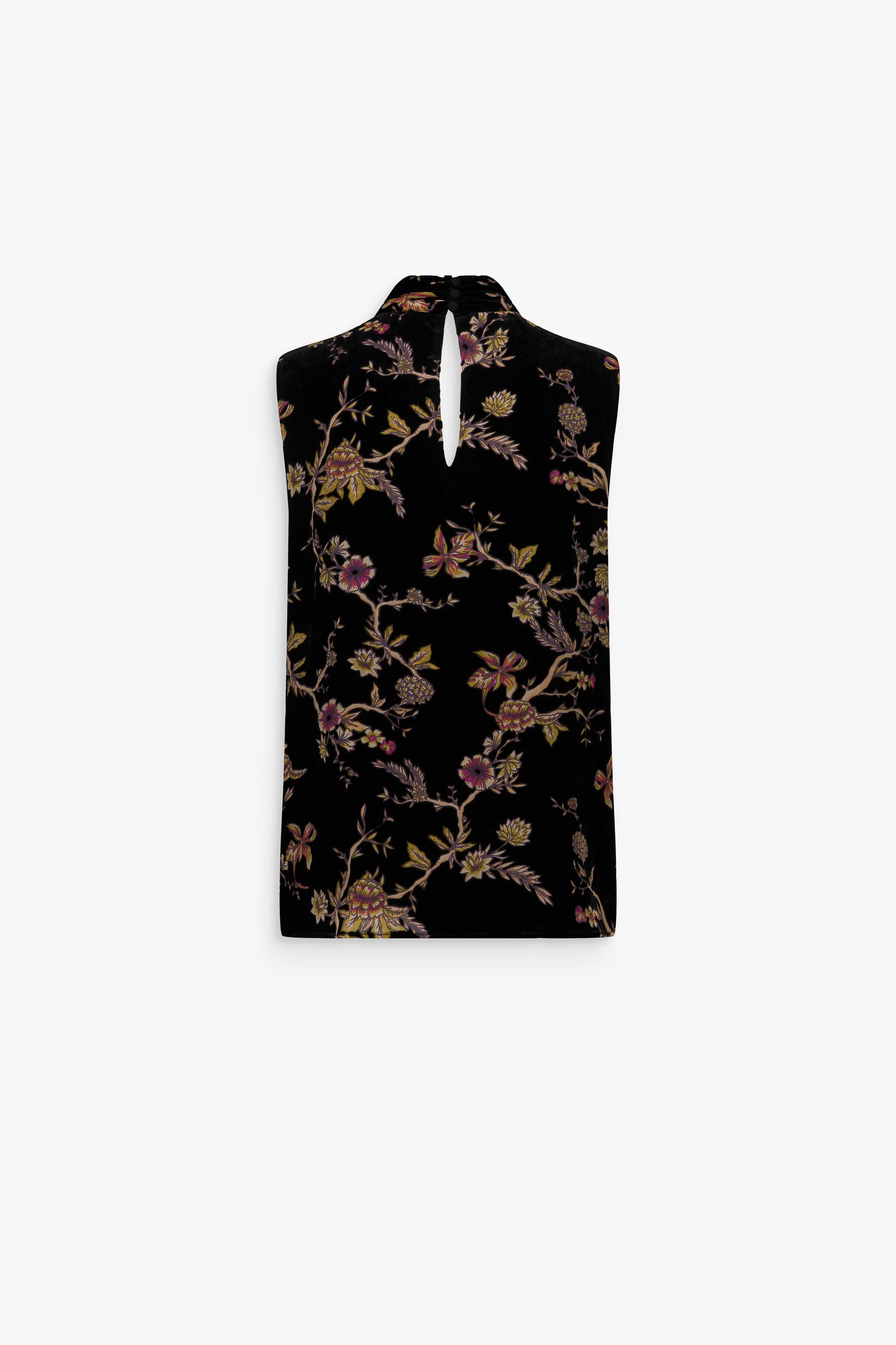 Haut fluide en velours de soie, col lavallière et détail bouton au dos, motif floral transparent.