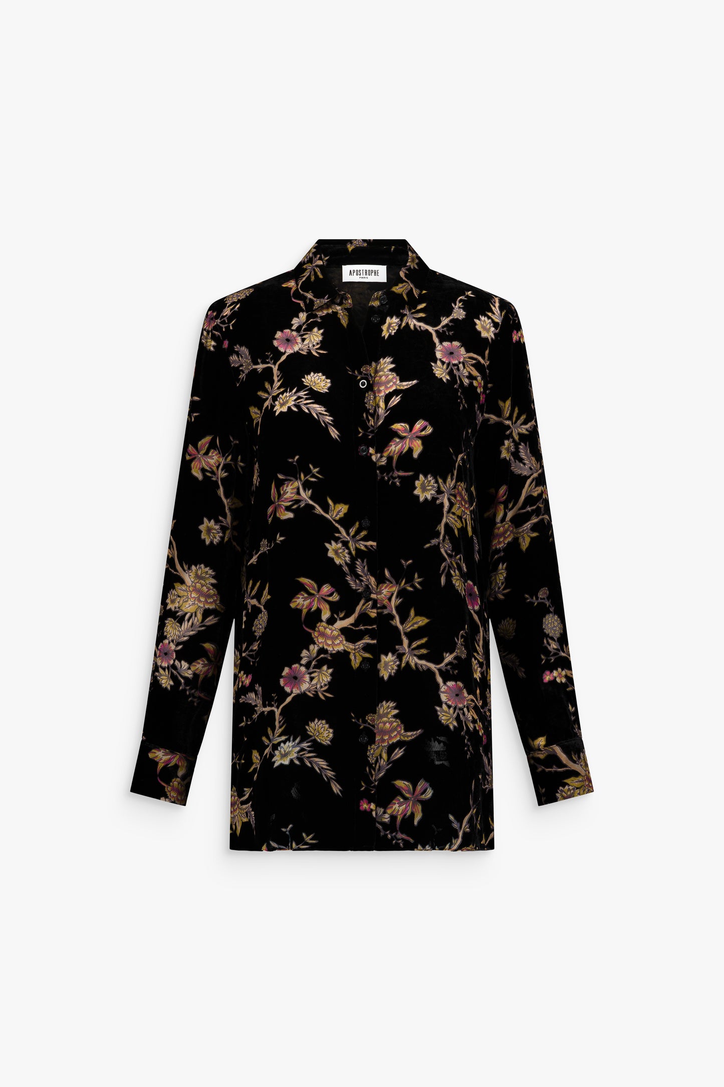 Chemise en velours de soie grenat à motif floral, légèrement transparente, avec coupe droite et col chemise.