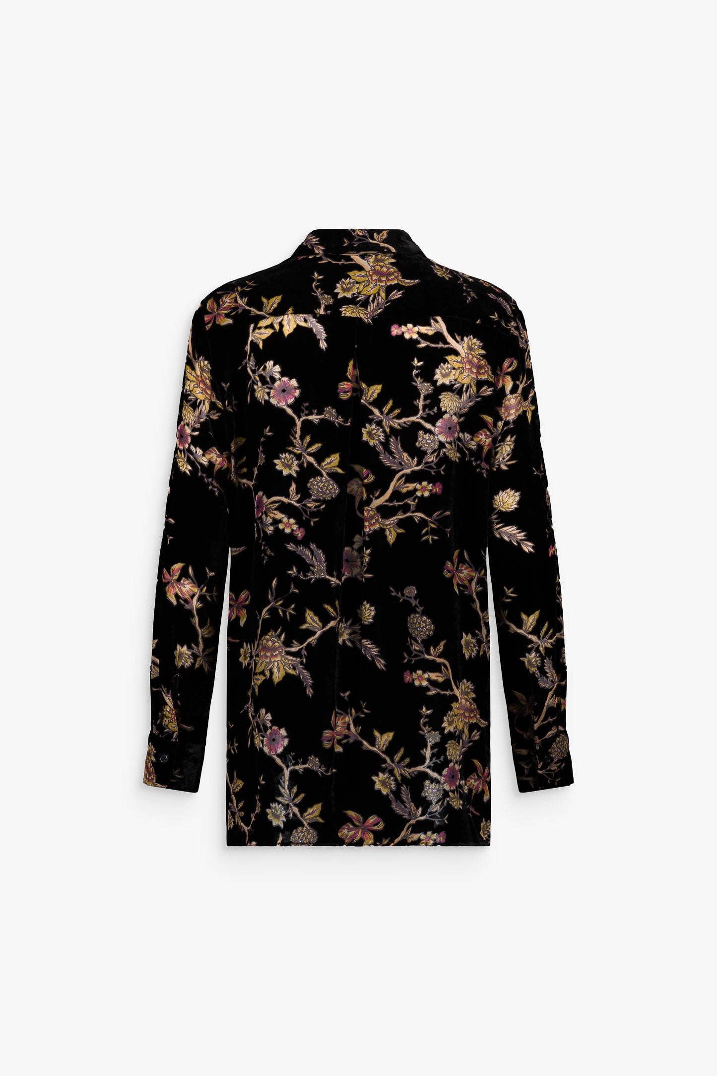 Chemise longue en velours de soie à imprimé floral, montrant la texture veloutée et la transparence délicate des motifs.