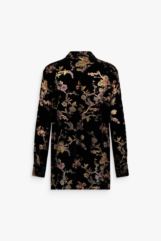 Chemise longue en velours de soie à imprimé floral, montrant la texture veloutée et la transparence délicate des motifs.