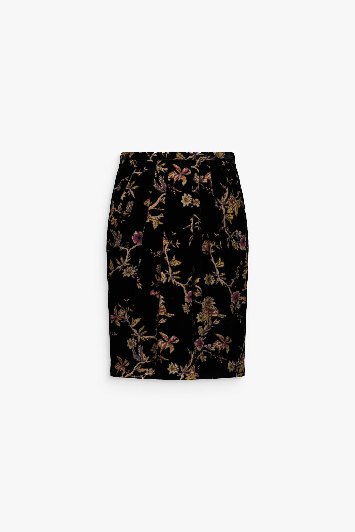 Jupe en velours de soie fluide avec motif floral et volant délicat sur le devant.
