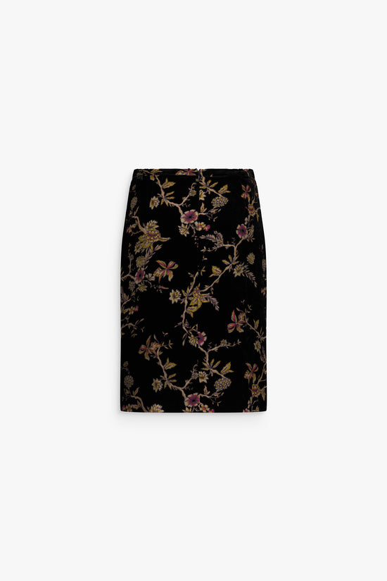 Jupe en velours de soie à taille élastiquée, ornée d’un motif floral légèrement transparent.