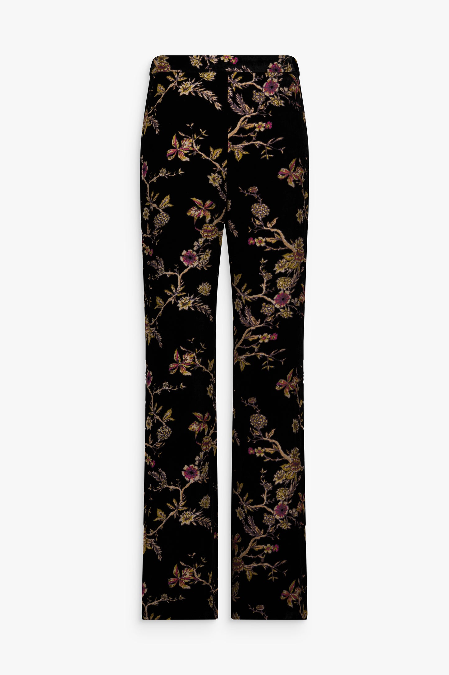 Pantalon droit en velours de soie noir avec motif floral discret, présenté de face.