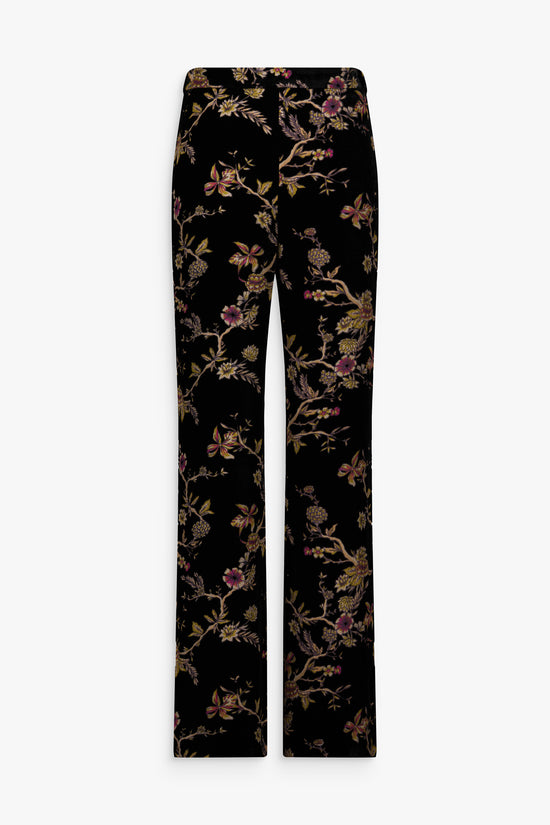 Pantalon droit en velours de soie noir avec motif floral discret, présenté de face.