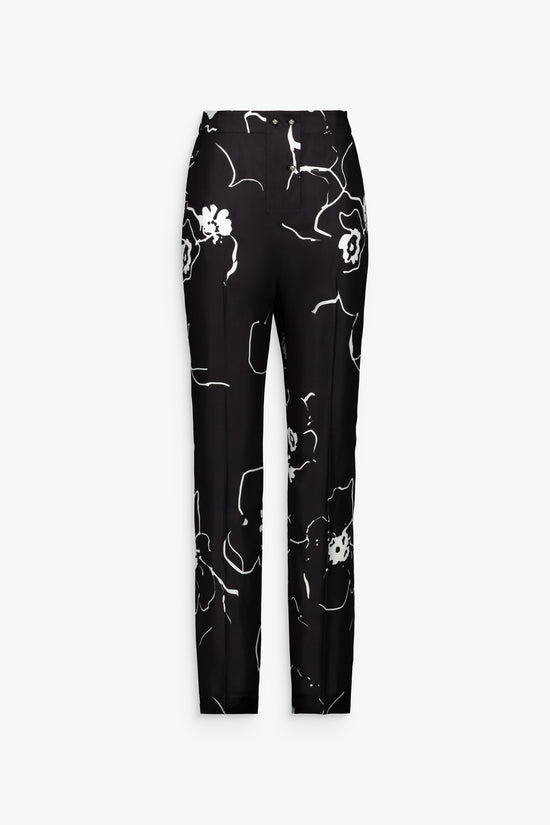 Pantalon droit noir en soie imprimée, coupe élégante et poches italiennes.