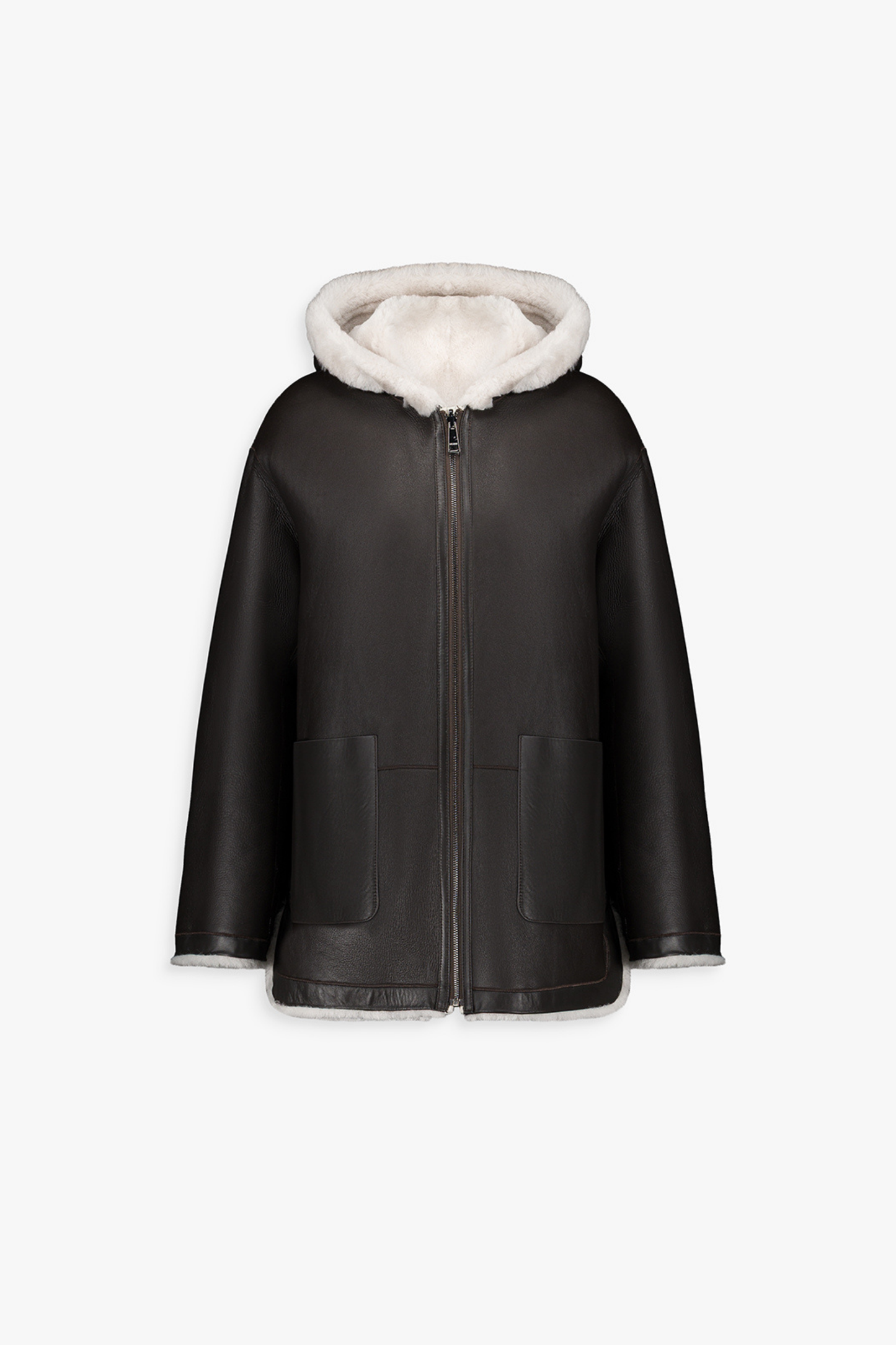 Manteau court en cuir, coupe droite classique avec fermeture éclair et cordons de serrage discrets.