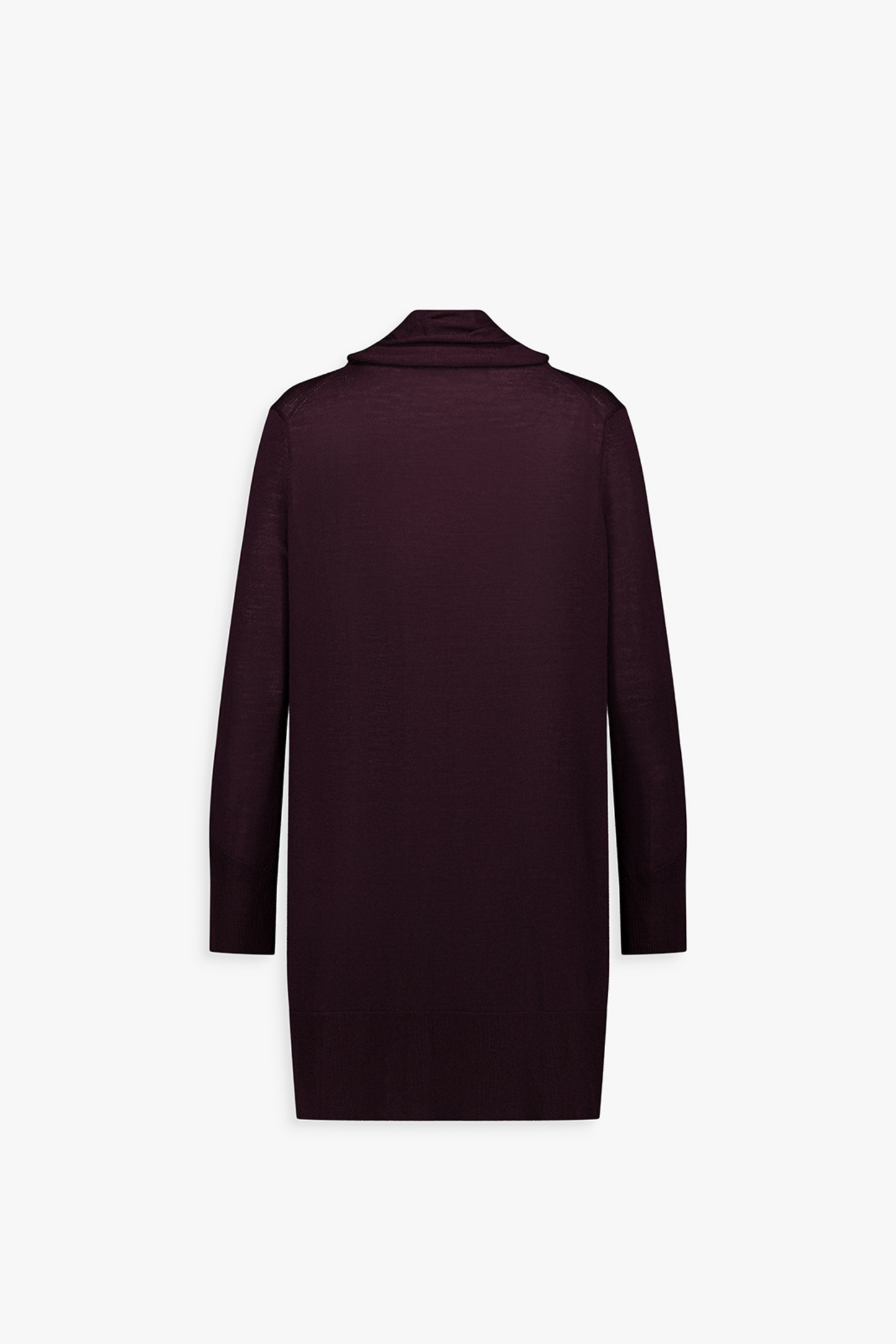 Pièce en maille grenat sans bouton, mi-gilet mi-écharpe, à la coupe longue et droite