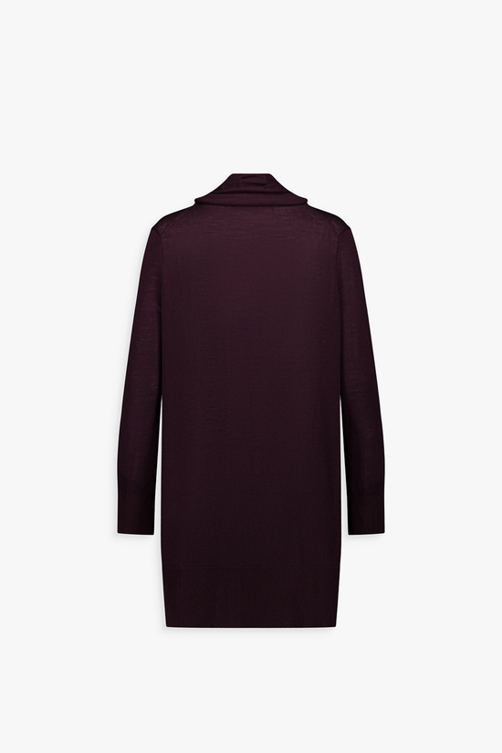 Pièce en maille grenat sans bouton, mi-gilet mi-écharpe, à la coupe longue et droite