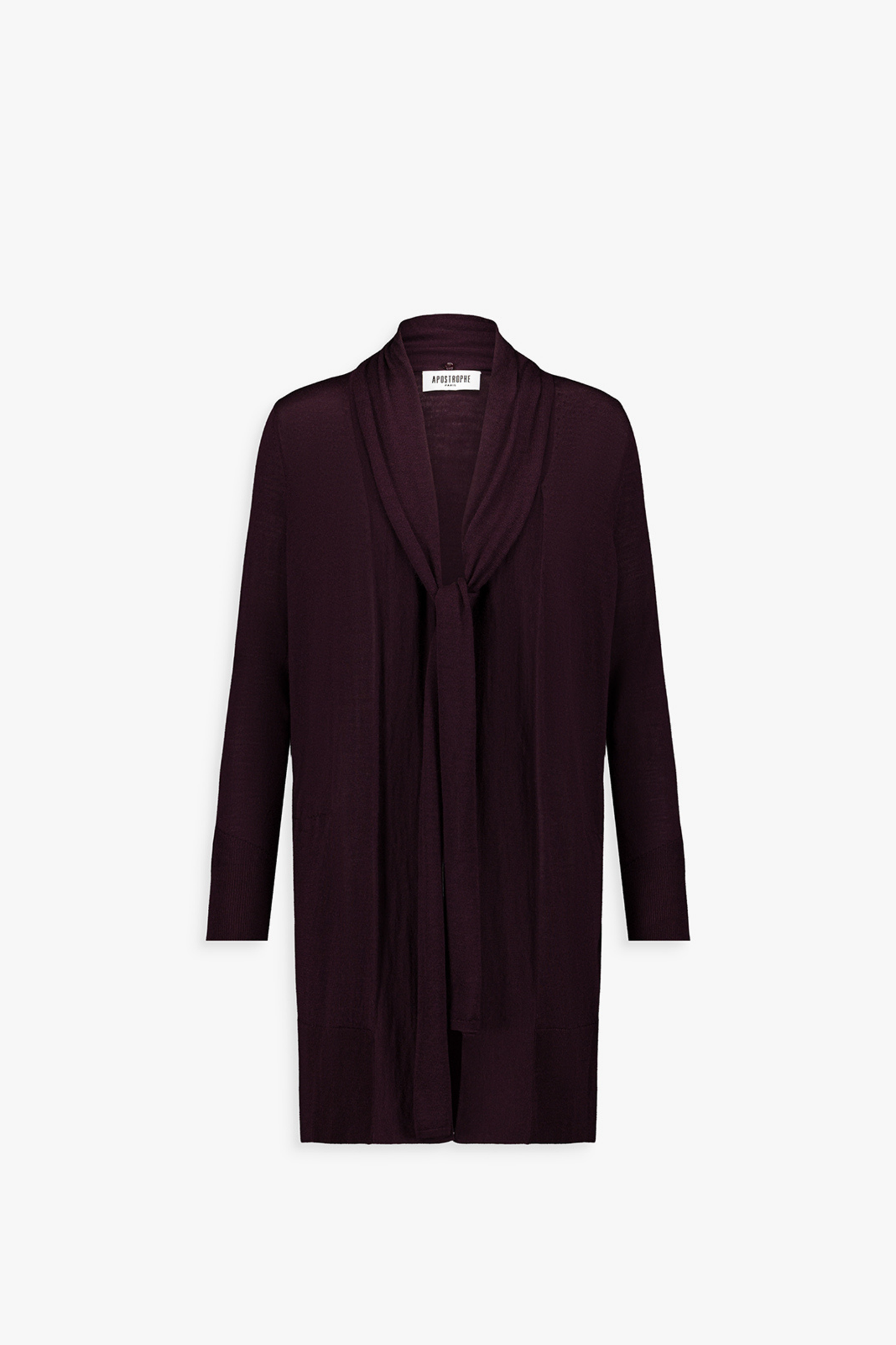 Gilet long en maille grenat avec écharpe intégrée, coupe droite et fluide, alliant chaleur et élégance .