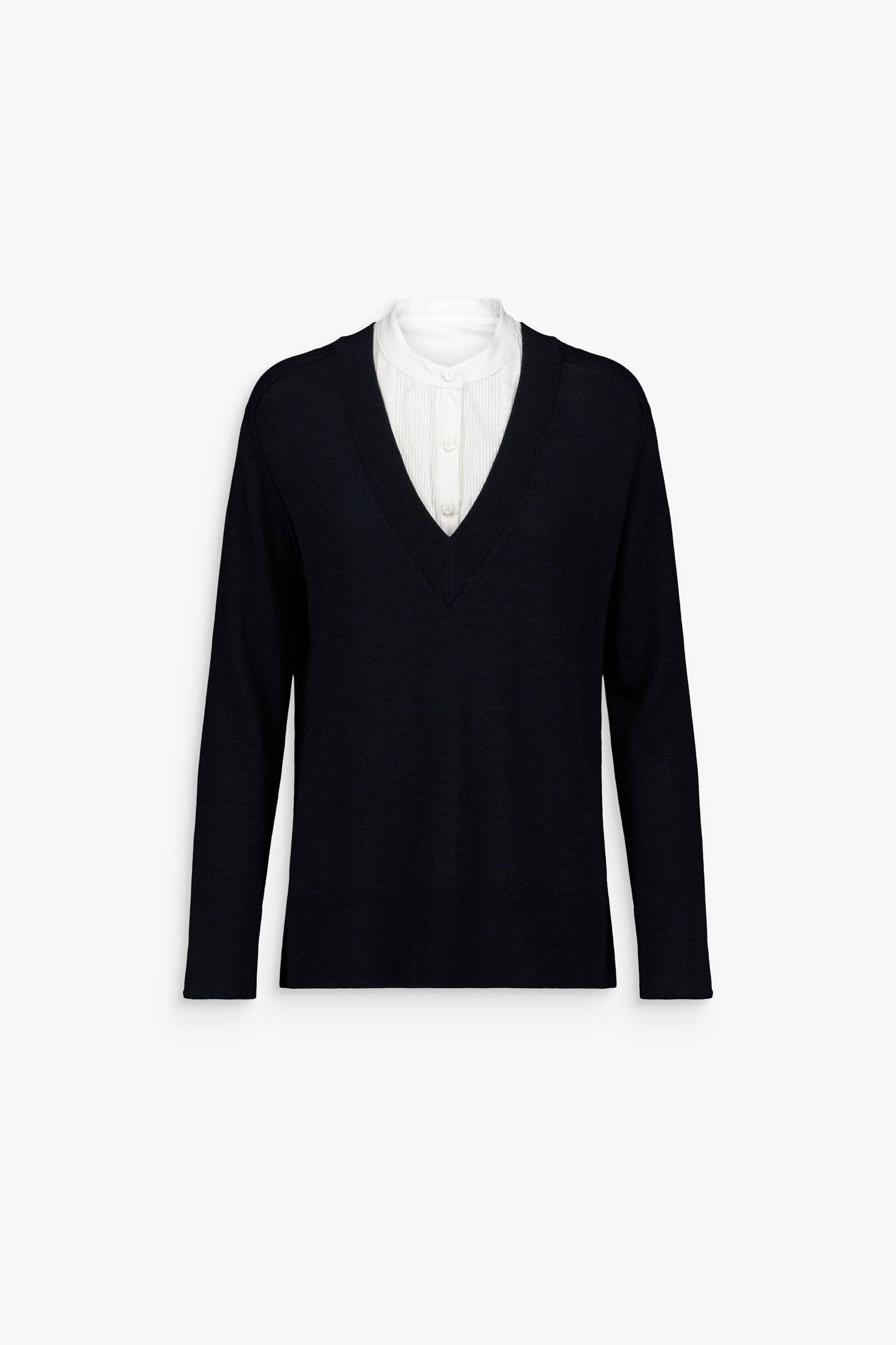 Pull chemise plastron en laine marine trompe-l'œil