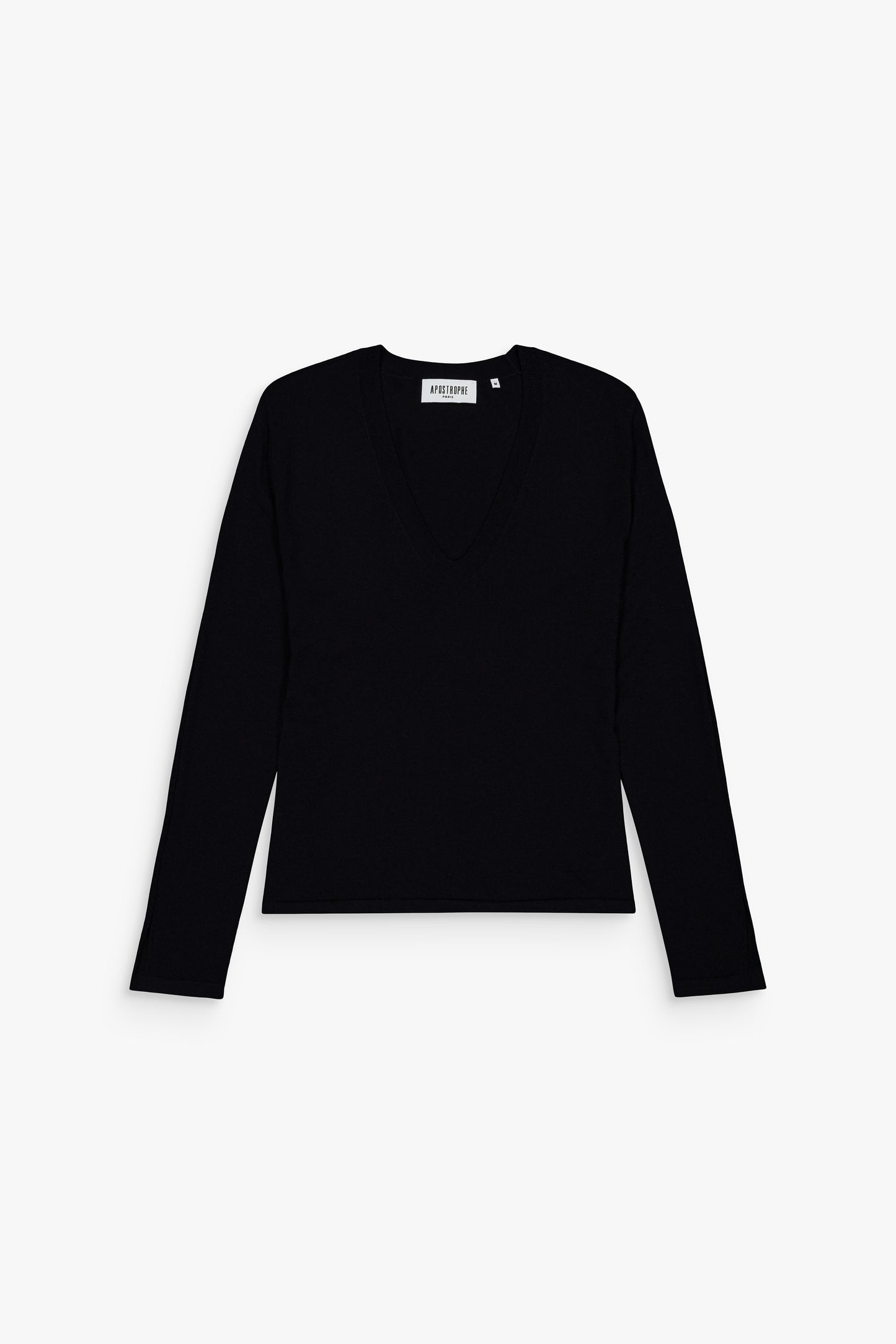 Pull col V en laine mérinos, bleu marine profond, maille fine et douce.