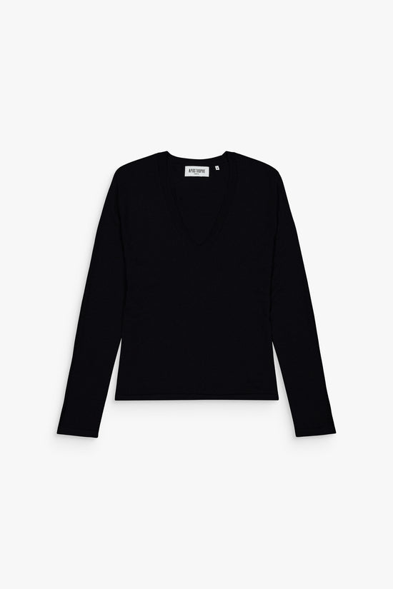 Pull col V en laine mérinos, bleu marine profond, maille fine et douce.