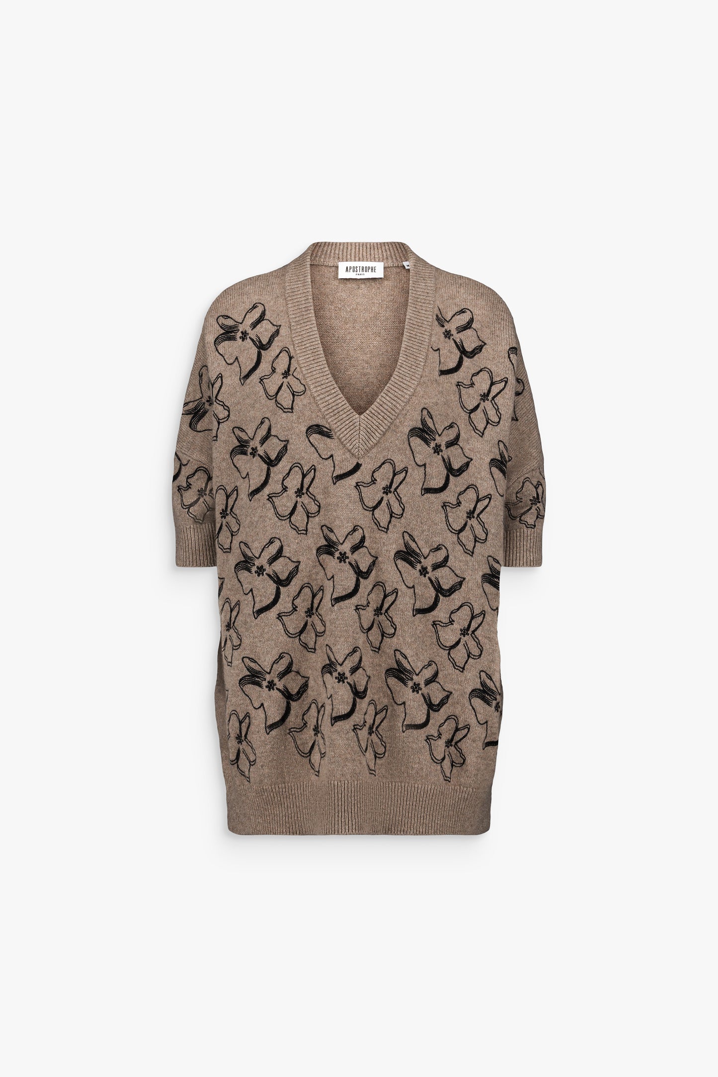 Pull ample en cachemire taupe moyen, léger et élégant avec broderie florale.